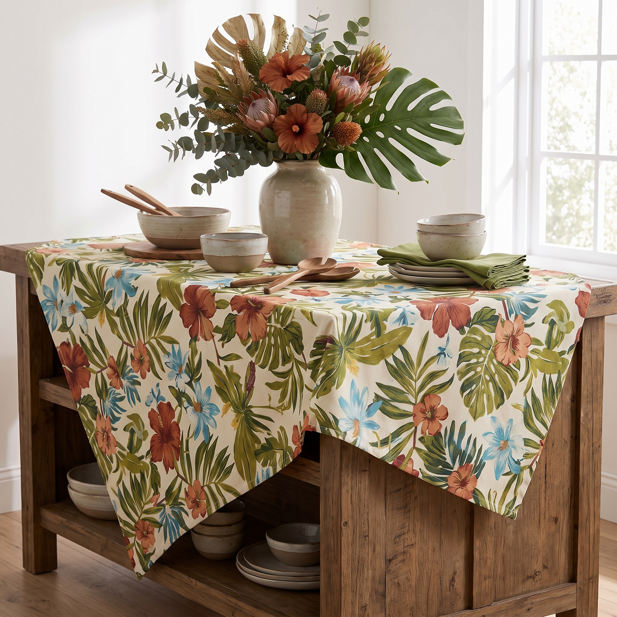 Monstera Leaf Cotton Tablecloth – styled on a sideboard