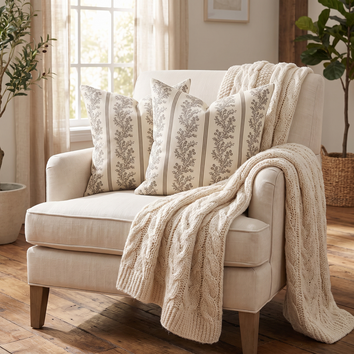 Vintage Striped Botanical Cushion Cover – Chocolate – styled on an armchair