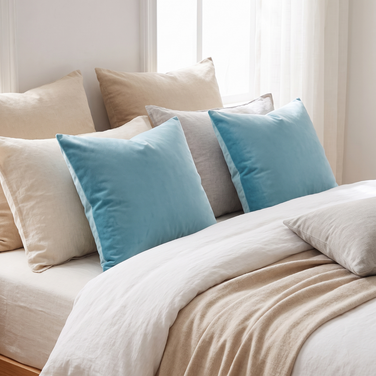 Luxe Velvet Cushion Cover – Aqua Blue – styled on a bed