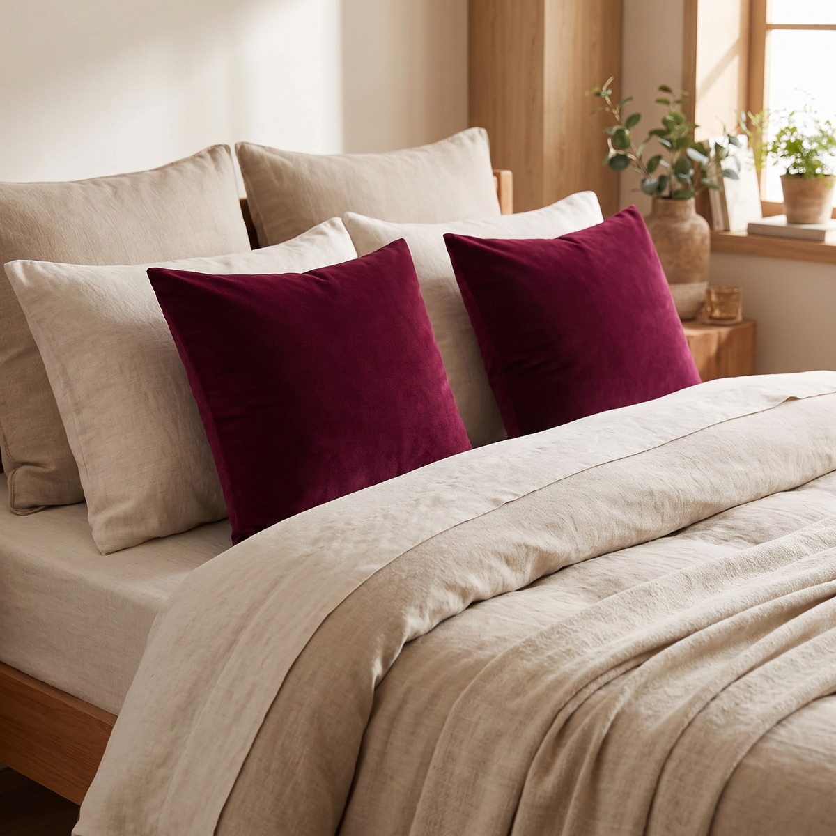 Thick Velvet Cushion Cover – Burgundy Red – styled on a bed