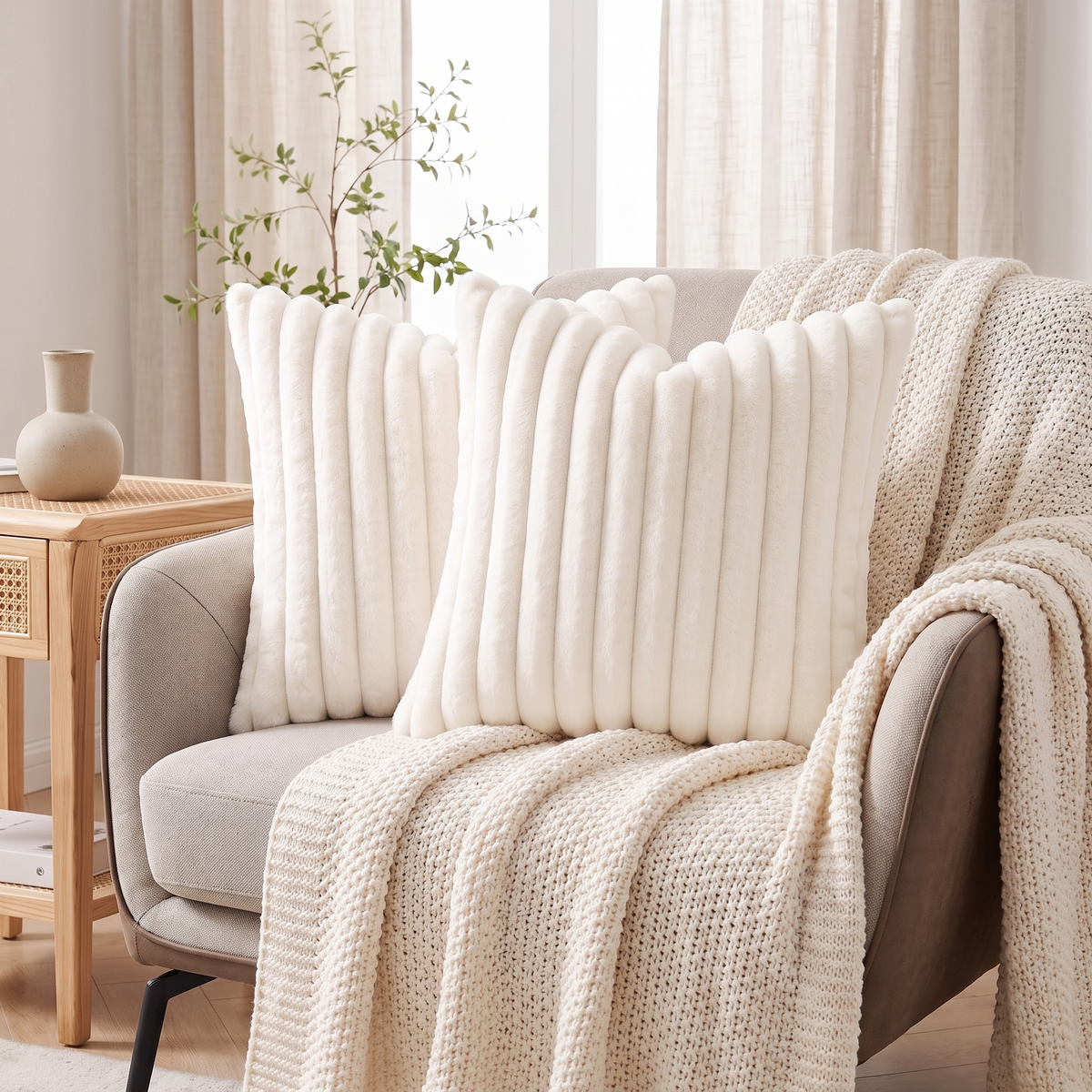 Striped Faux Fur Cushion Cover – Cream – styled on an armchair