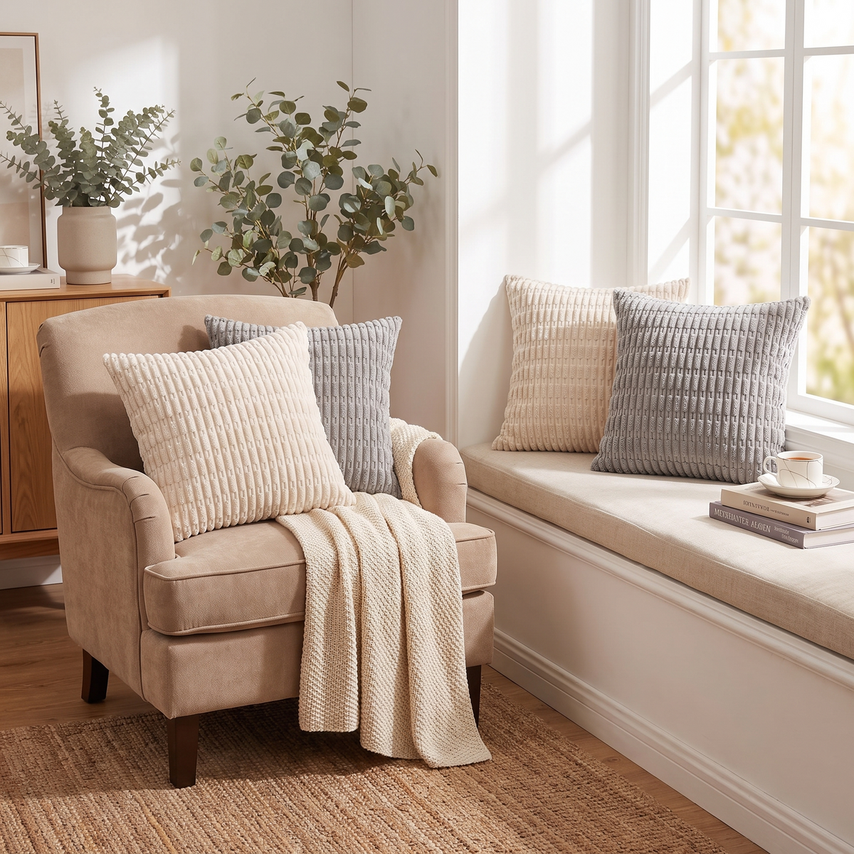 Neutral Striped Plush Cushion Covers – Set of 4 – styled on an armchair