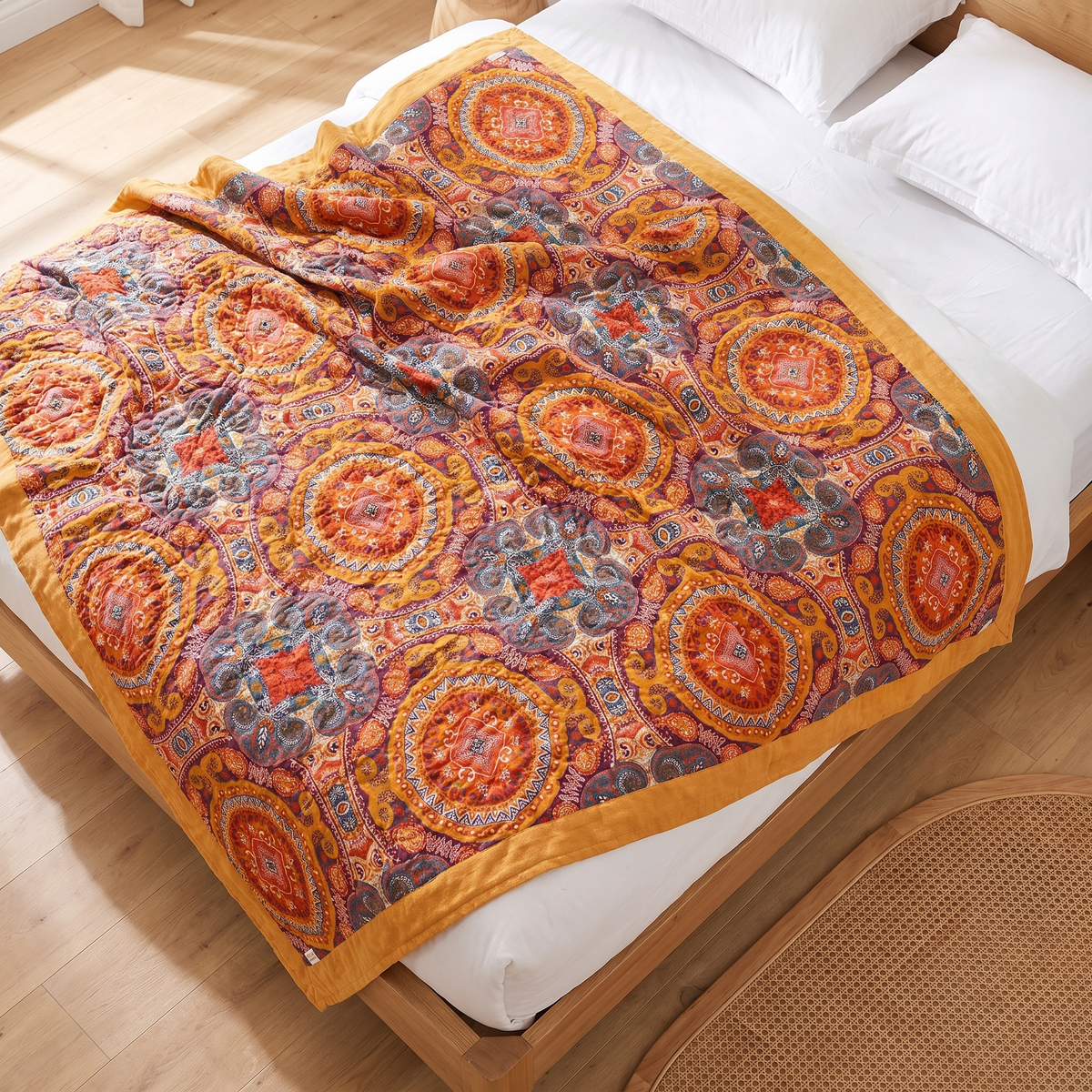 Sunrise Boho Reversible Cotton Throw Blanket – full size laid flat