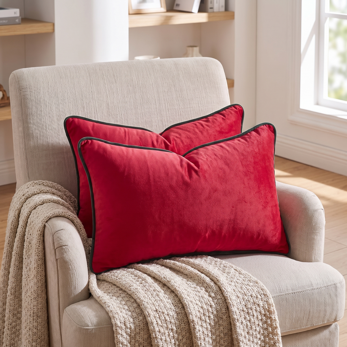 Velvet Christmas Lumbar Cushion Cover – Red with Green Piping – styled on an armchair