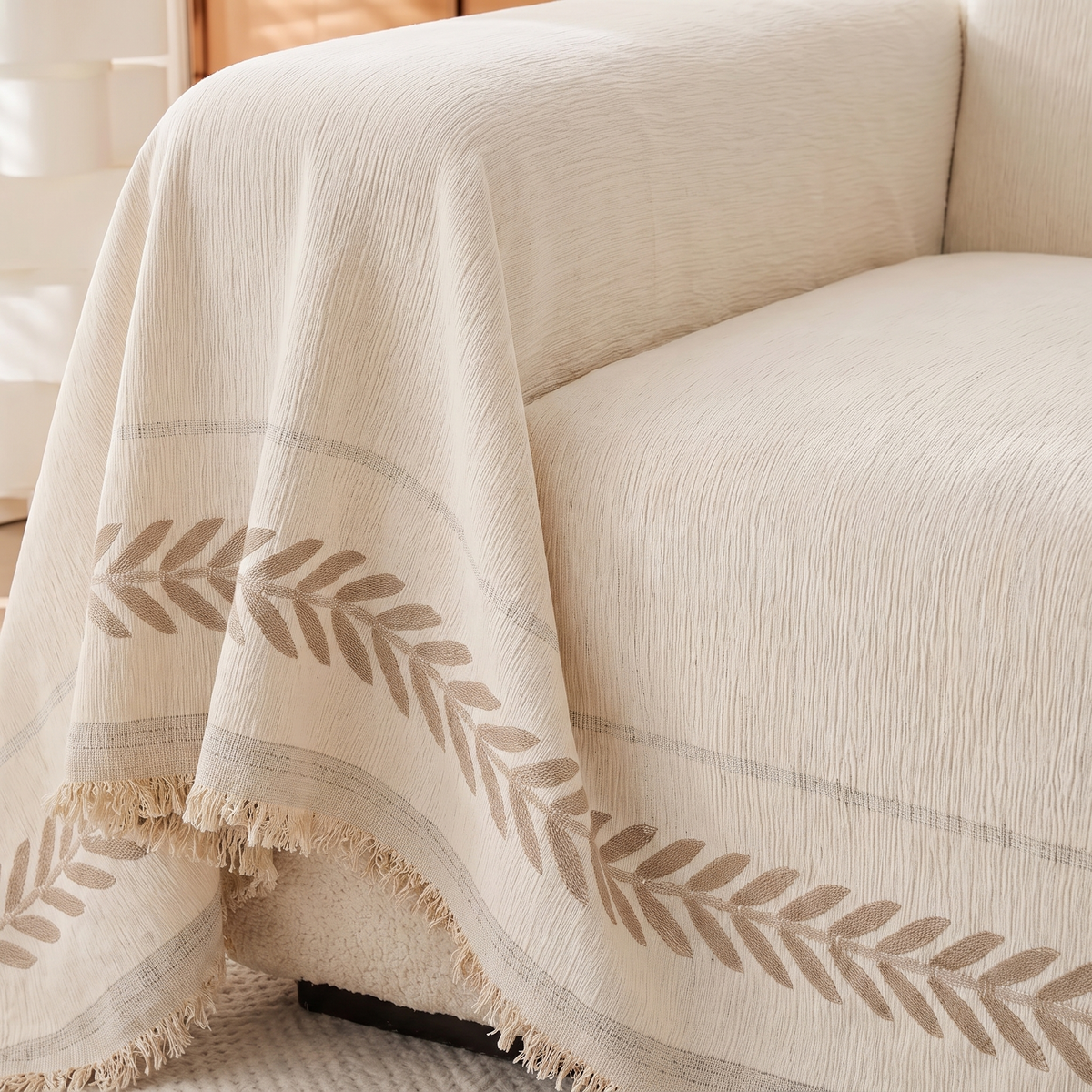 Serene Oasis Couch Cover – Soft Sage – tucked edge detail