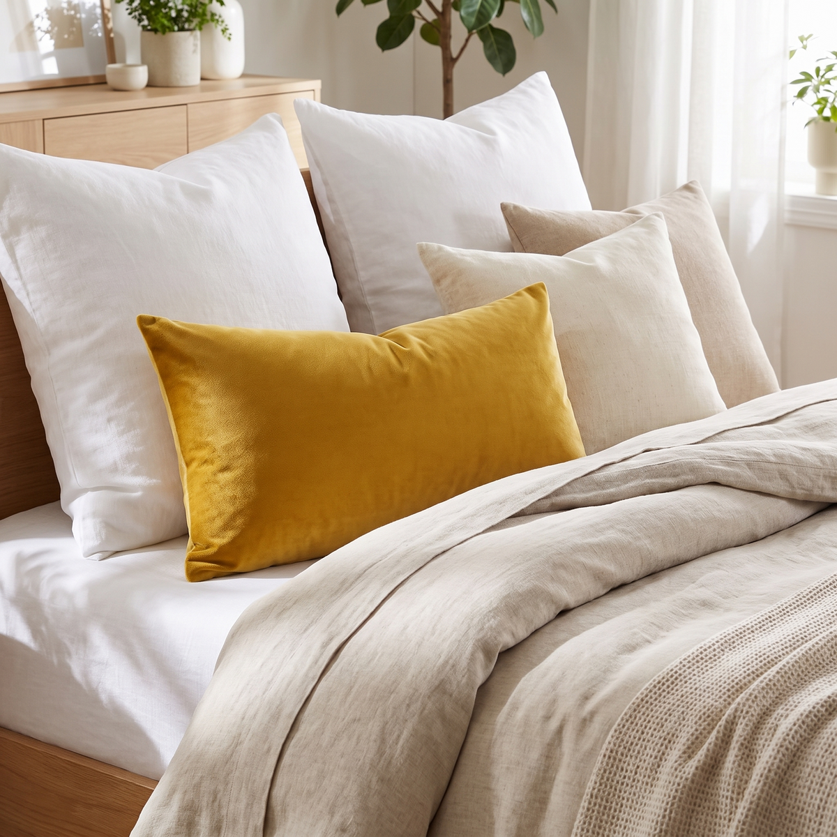 Luxury Velvet Lumbar Cushion Cover – Gold – styled on a bed