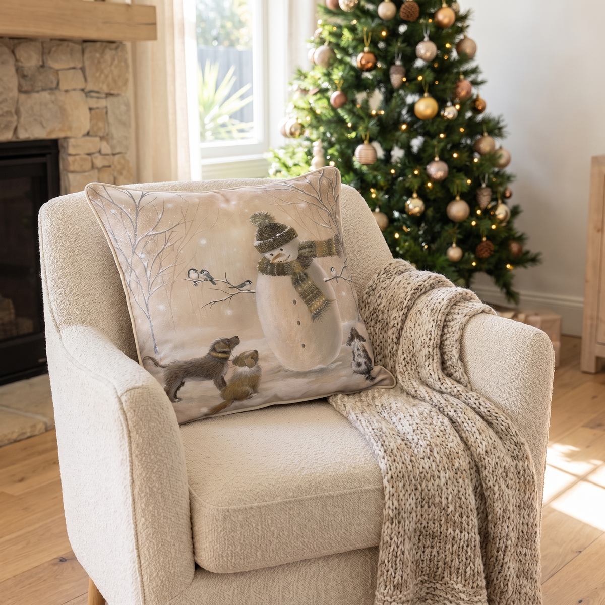 Winter Motif Christmas Cushion Cover – styled on an armchair