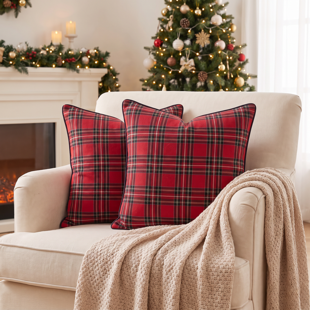 Tartan Plaid Christmas Cushion Cover – Red – styled on an armchair