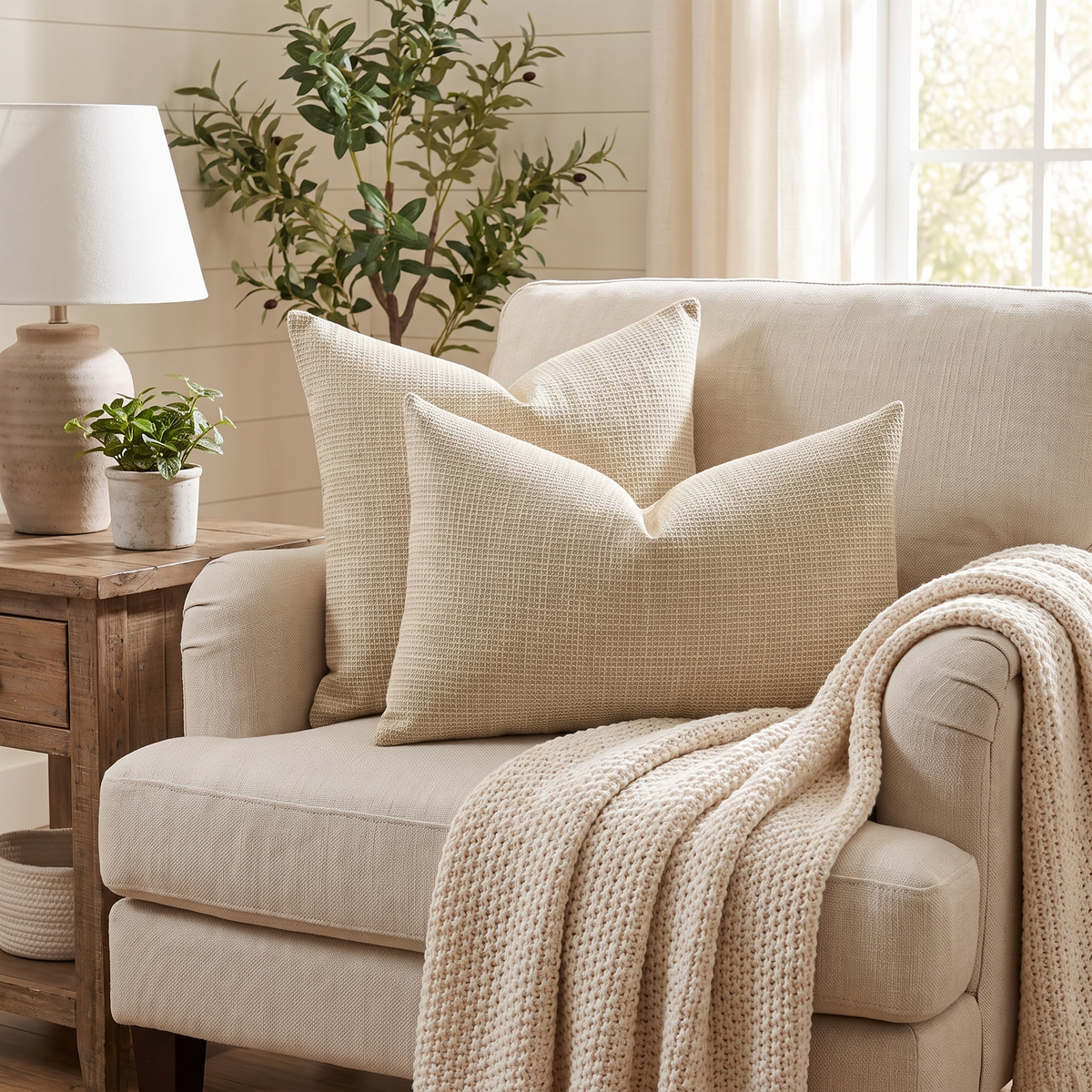 Linen Lumbar Cushion Cover – Light Tan – styled on an armchair