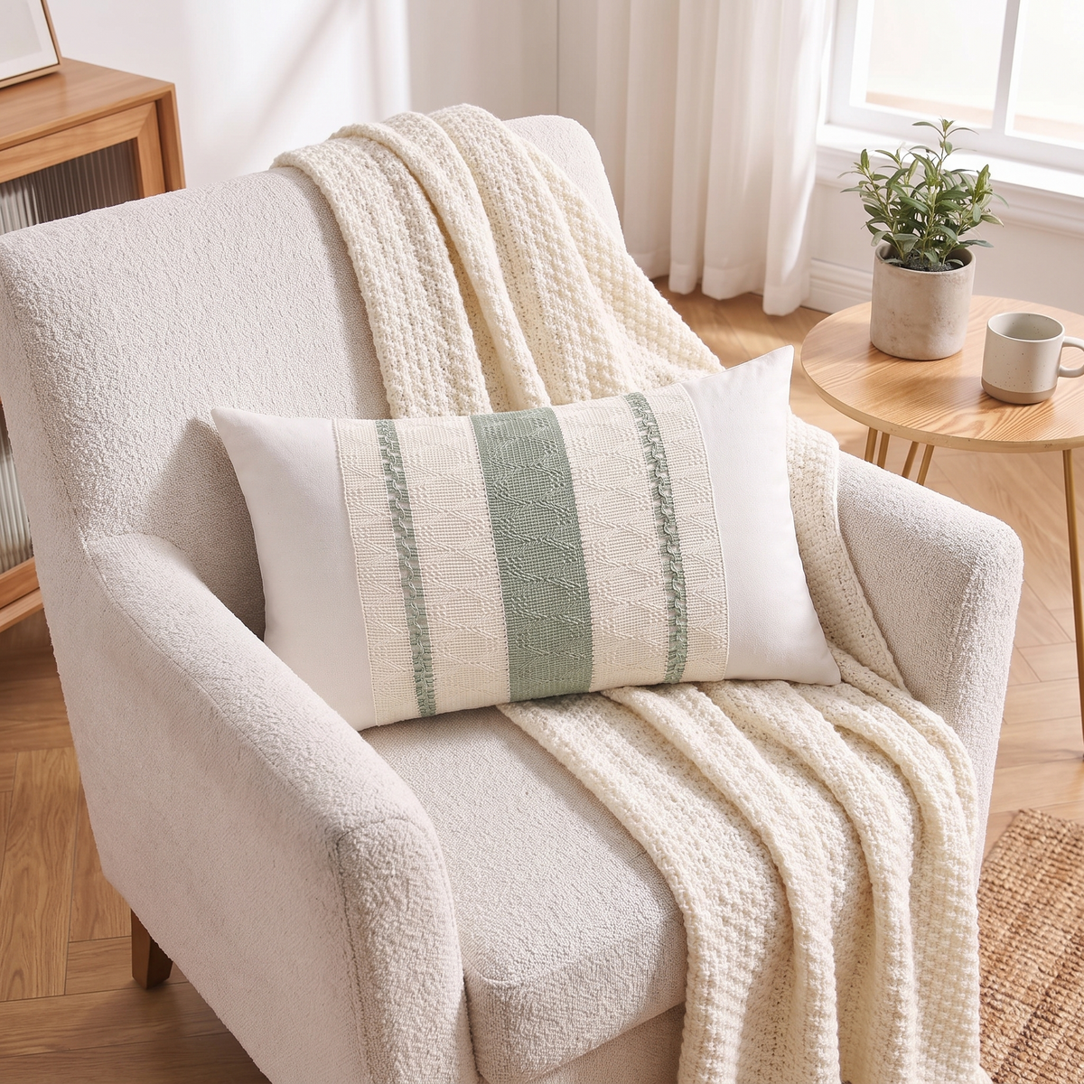 Boho Lumbar Cushion Cover – Sage Green – styled on an armchair