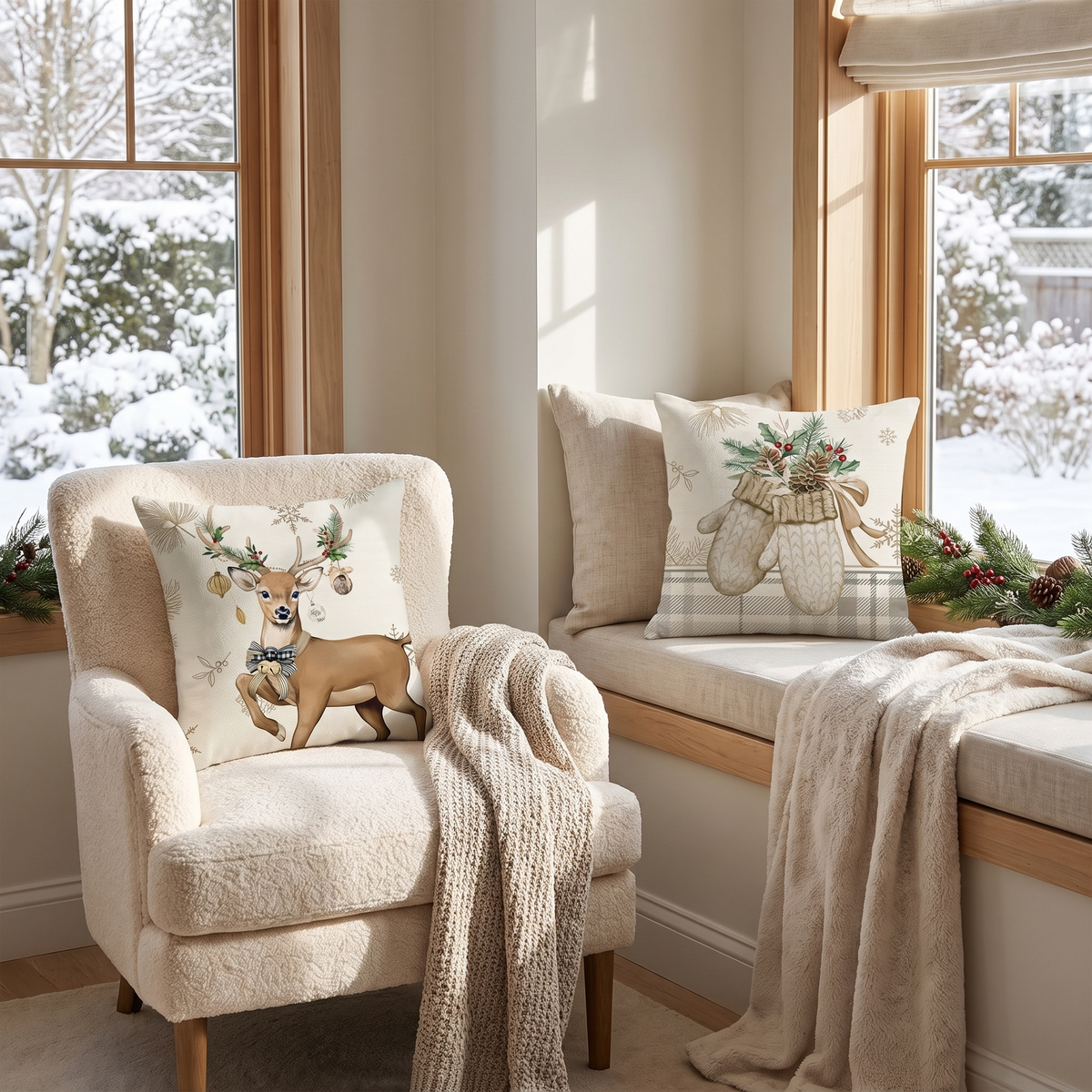 Nordic Reindeer Christmas Cushion Covers – Set of 4 – styled on an armchair