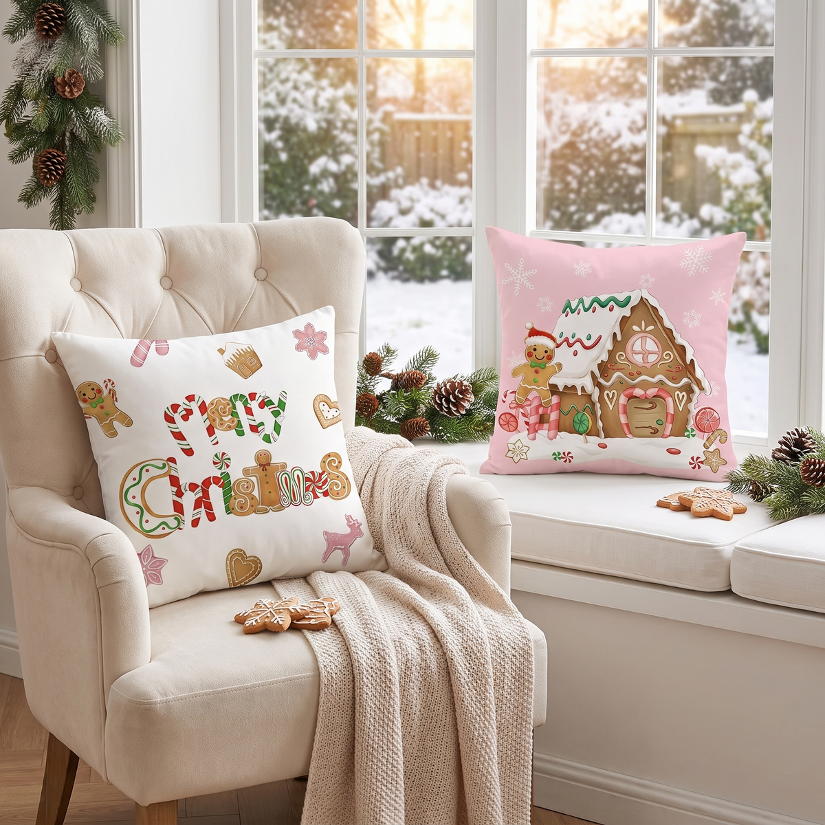 Pink Gingerbread Christmas Cushion Covers – Set of 4 – styled on an armchair