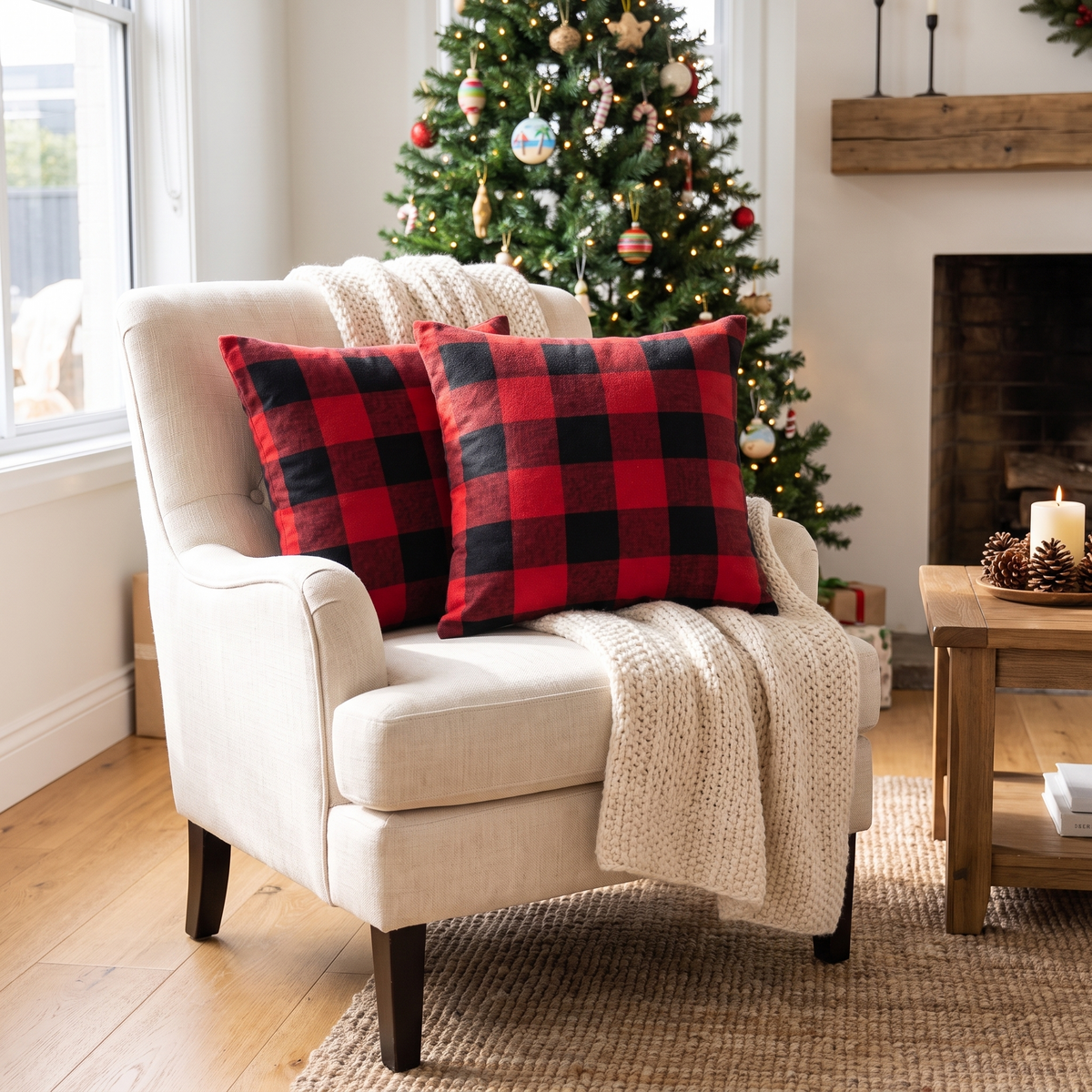Buffalo Plaid Christmas Cushion Cover – Red & Black – styled on an armchair