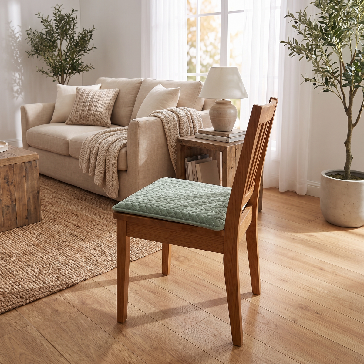 Quilted Japanese-Style Seat Cushion – Beige – styled in a second room