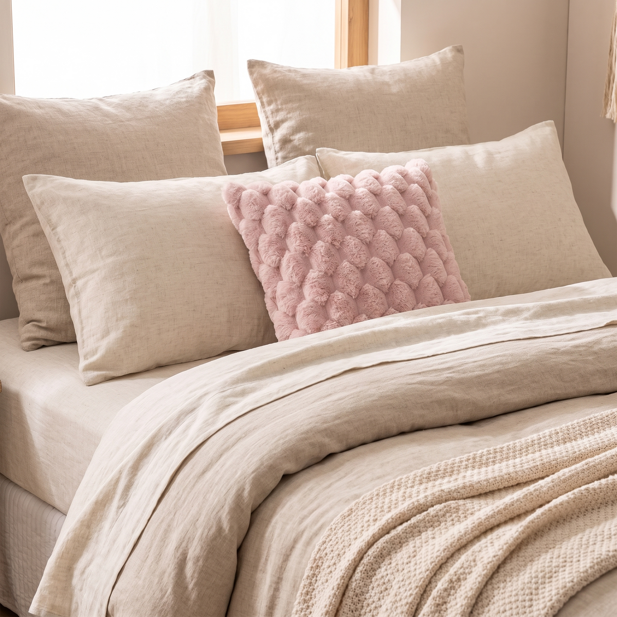 Plush Marshmallow Cushion Cover – Cream – styled on a bed