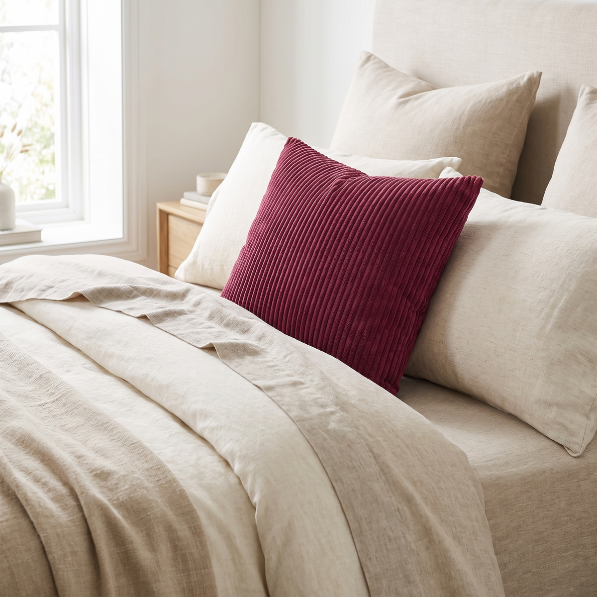 Rustic Corduroy Cushion Cover – styled on a bed