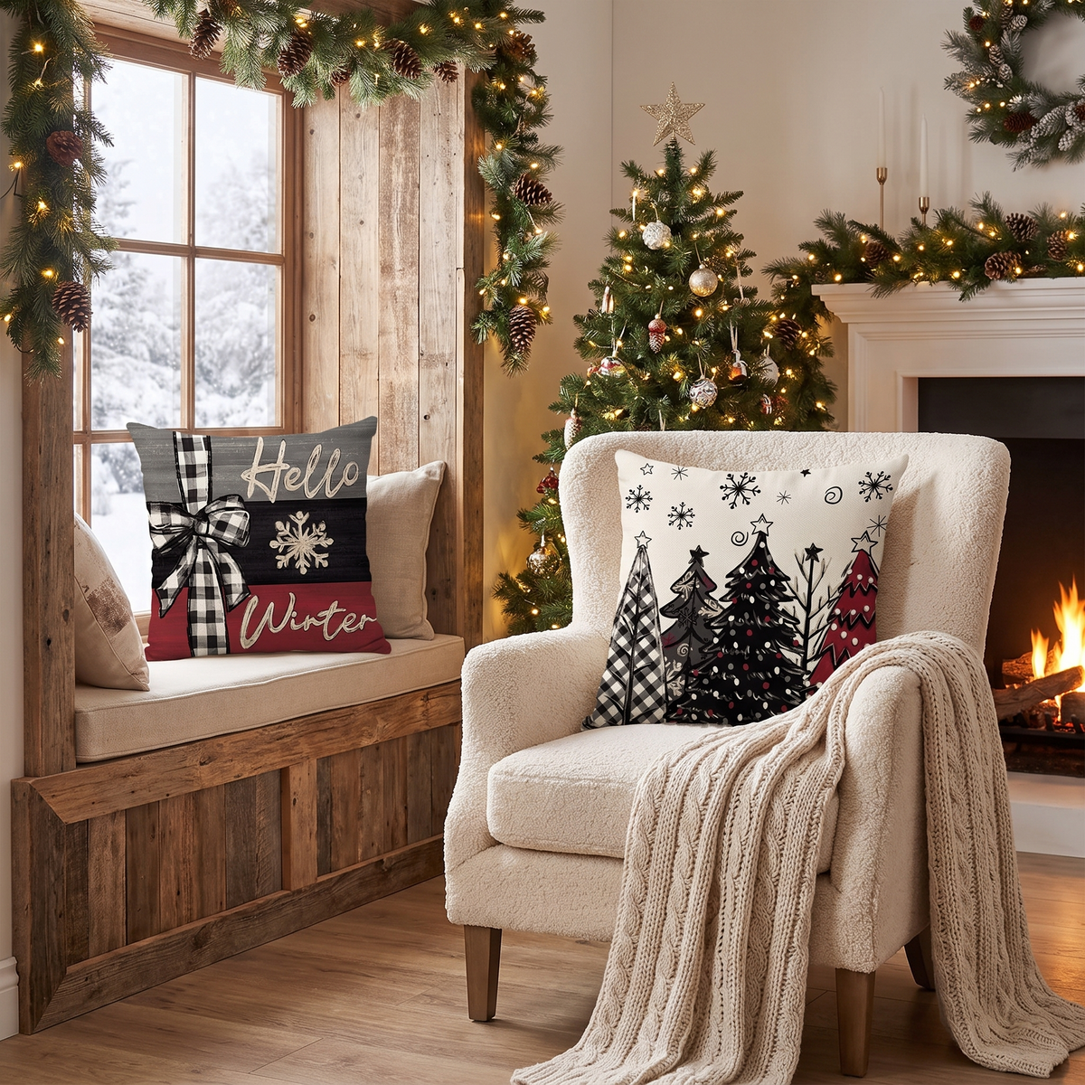 Red Merry Christmas Joy Cushion Covers – Set of 4 – styled on an armchair