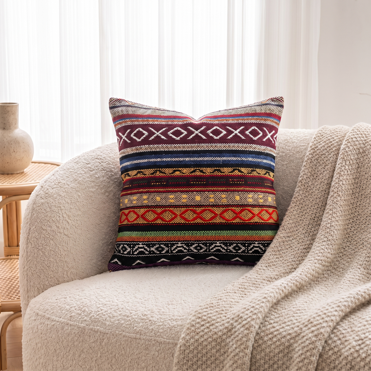 Boho Geometric Cushion Cover – Tribal Print – styled on an armchair