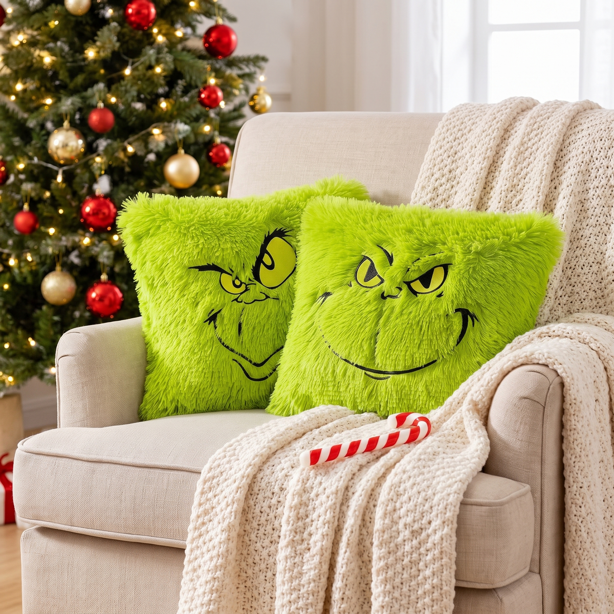 Faux Fur Christmas Cushion Cover – Green – styled on an armchair
