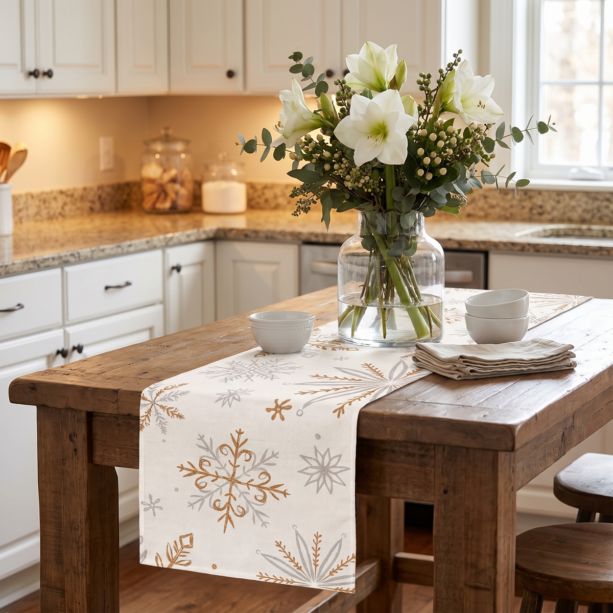 Snowflake Christmas Table Runner – White – styled on a sideboard