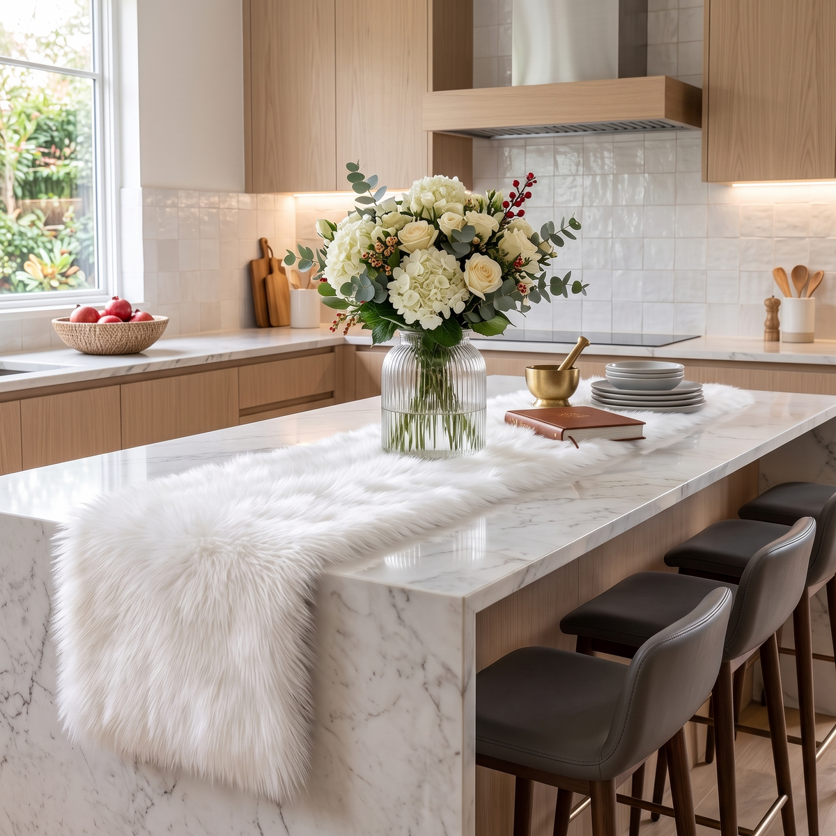 Faux Fur Christmas Table Runner – White – styled on a sideboard
