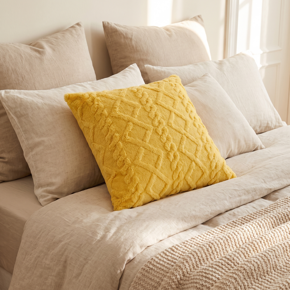 Snuggle Sherpa Cushion Cover – Cream – styled on a bed