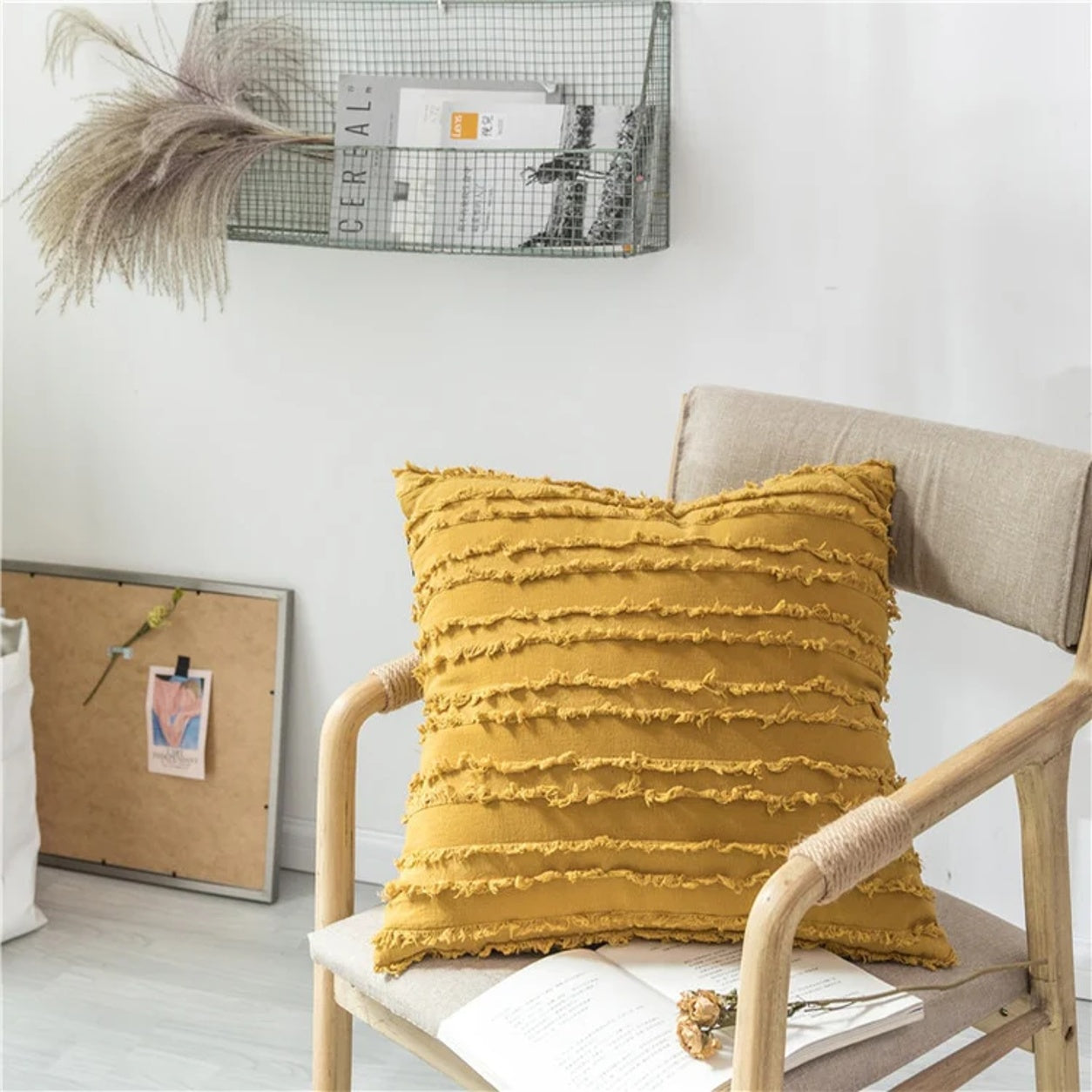 Fringed Boho Throw Pillow Cover Style - Mustard