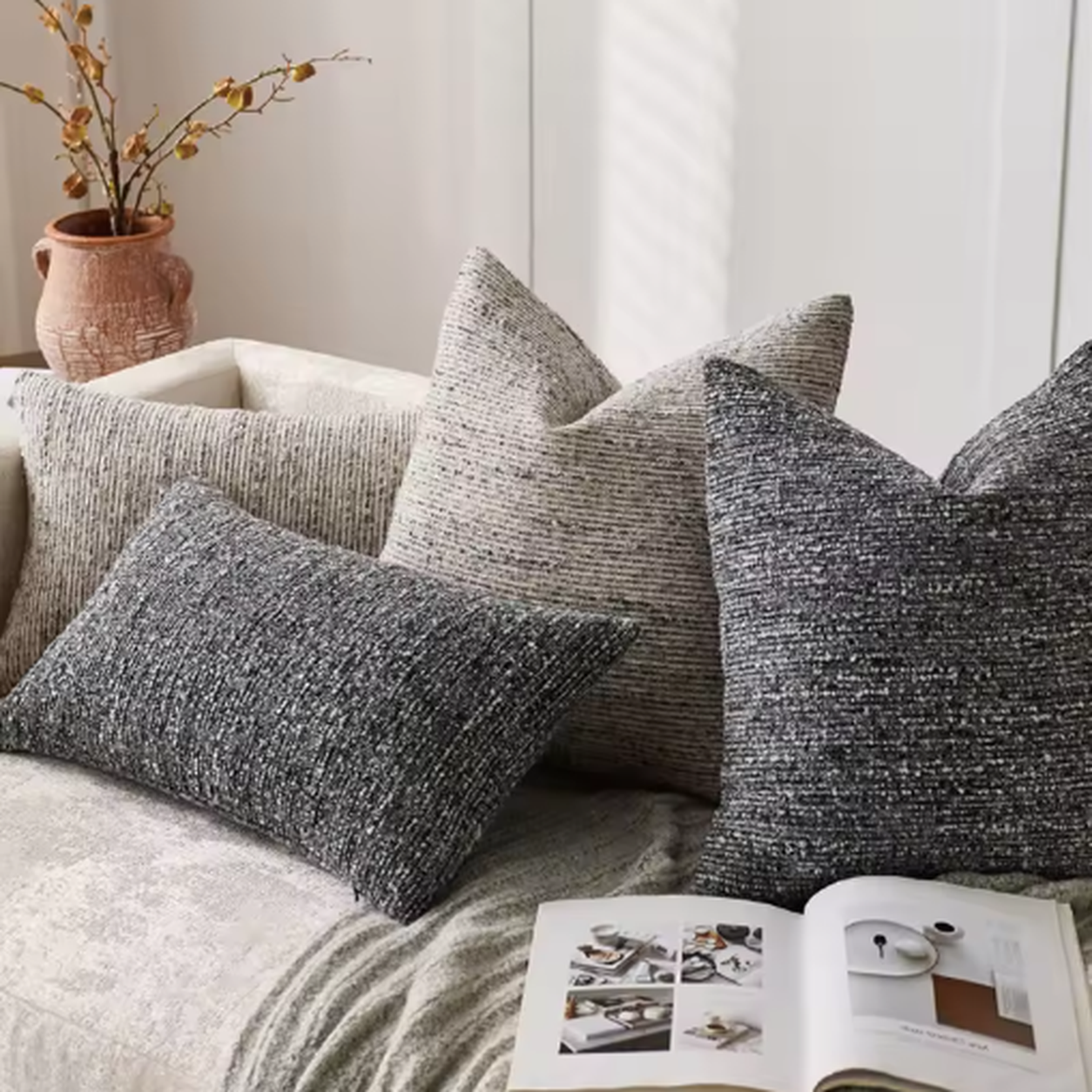 Soft Chenille Stripe Pillow Cover- Grey
