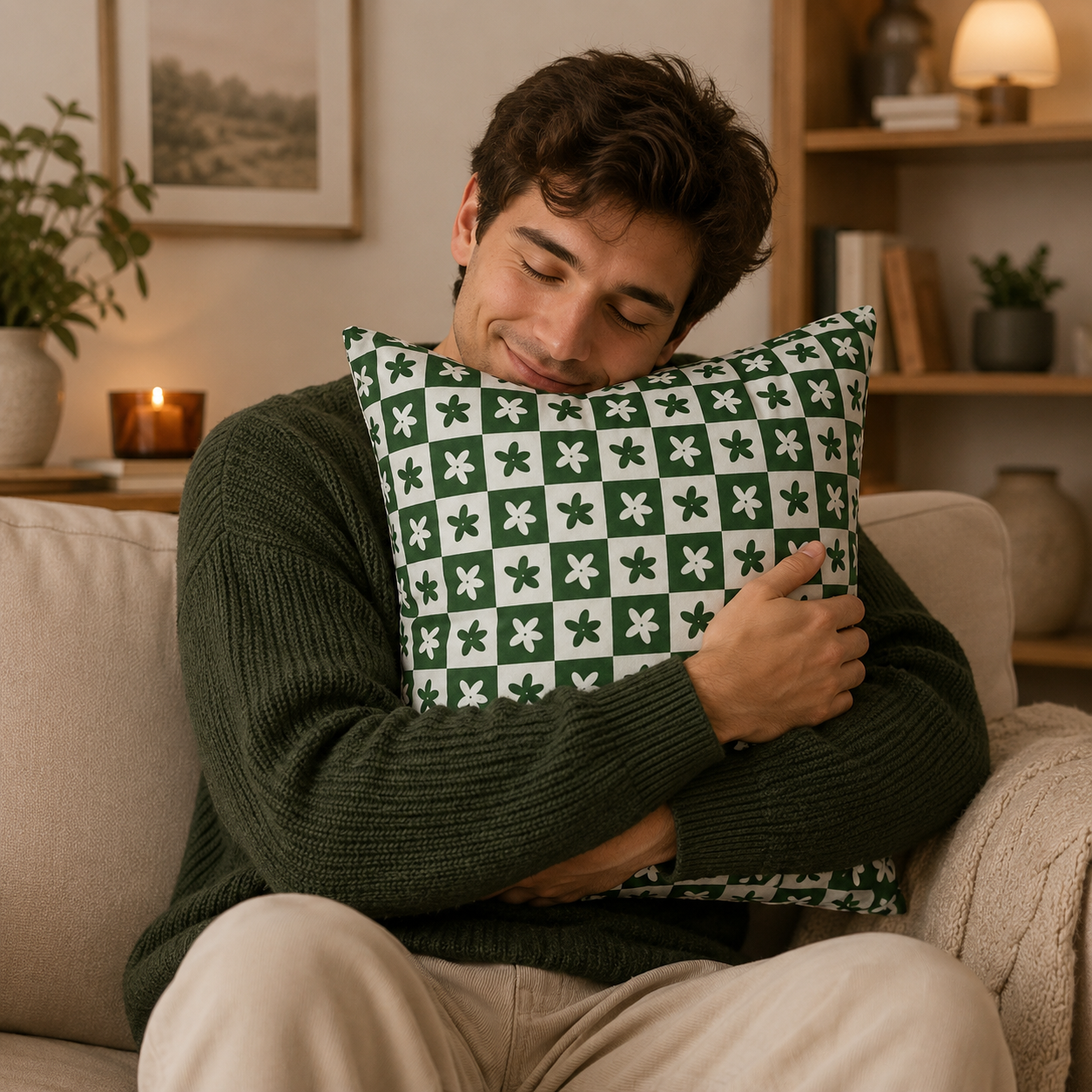 Checkered Lilac Greeb Throw Pillow Cover - Green Petals