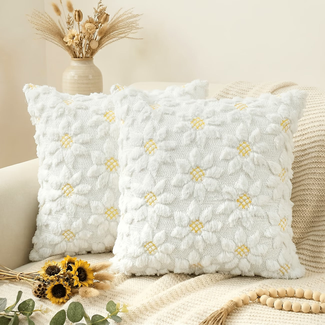 3D Sunflower Embroidery Throw Pillow Cover- White