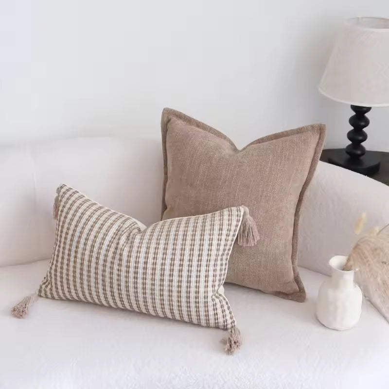 Retro Geometric Jacquard Pillow Cover - Beige Tweed