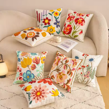 Floral Embroidered Throw Pillow Cover - Flower Falling