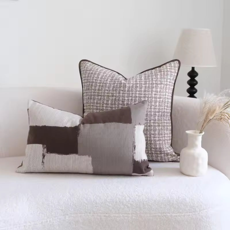 Retro Geometric Jacquard Pillow Cover - Natural Linen