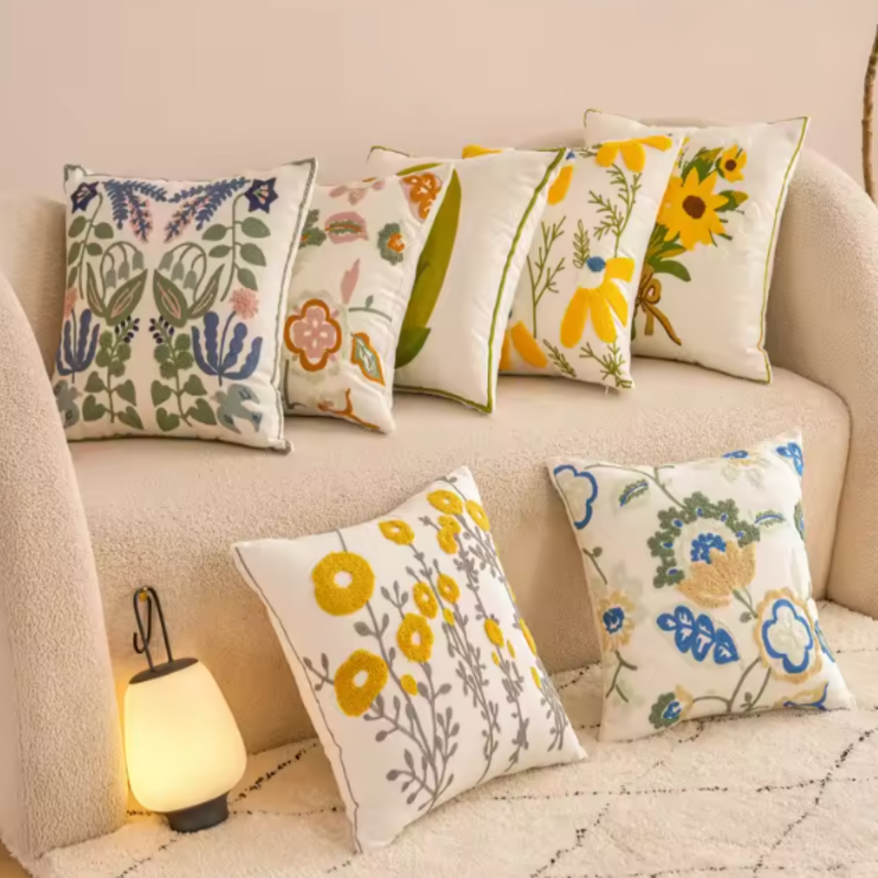 Floral Embroidered Throw Pillow Cover - Flower Falling