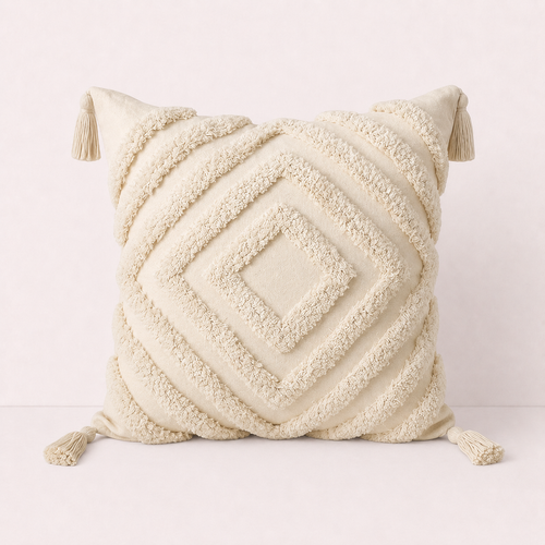 Cream Tufted Tassel Pillow Cover - Diamond