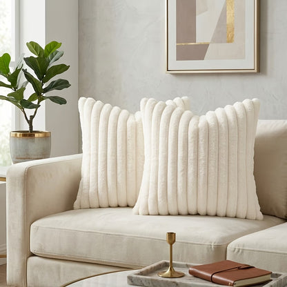 Faux Fur Boho Throw Pillow Covers- White