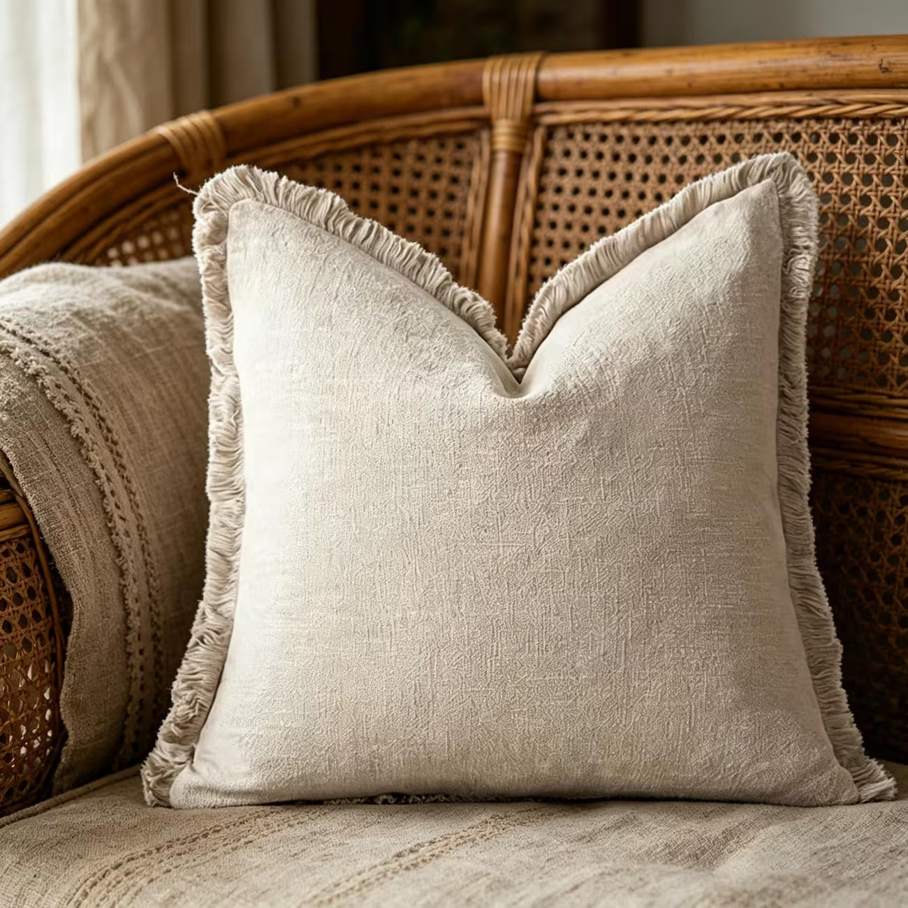 Bohemian Washed Fringe Throw Pillow Covers- Ivory