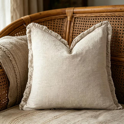 Bohemian Washed Fringe Throw Pillow Covers- Ivory