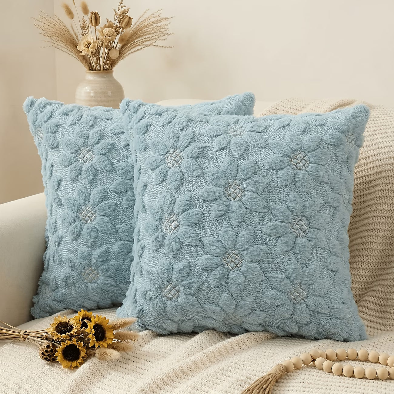 3D Sunflower Embroidery Throw Pillow Cover- Blue