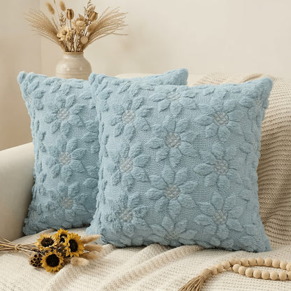 3D Sunflower Embroidery Throw Pillow Cover- Blue