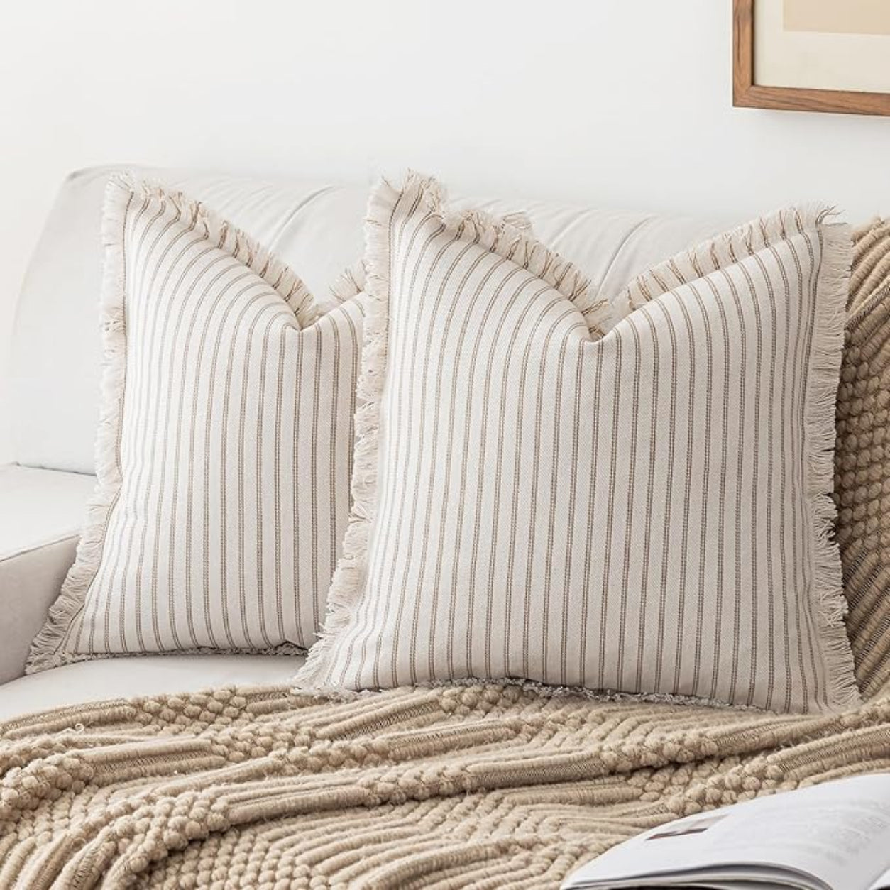 Farmhouse Striped Fringe Pillow Cover- Khaki