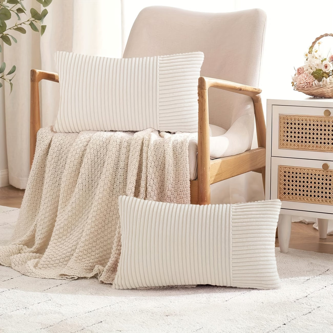 Rustic Corduroy Throw Pillow Cover-Ivory