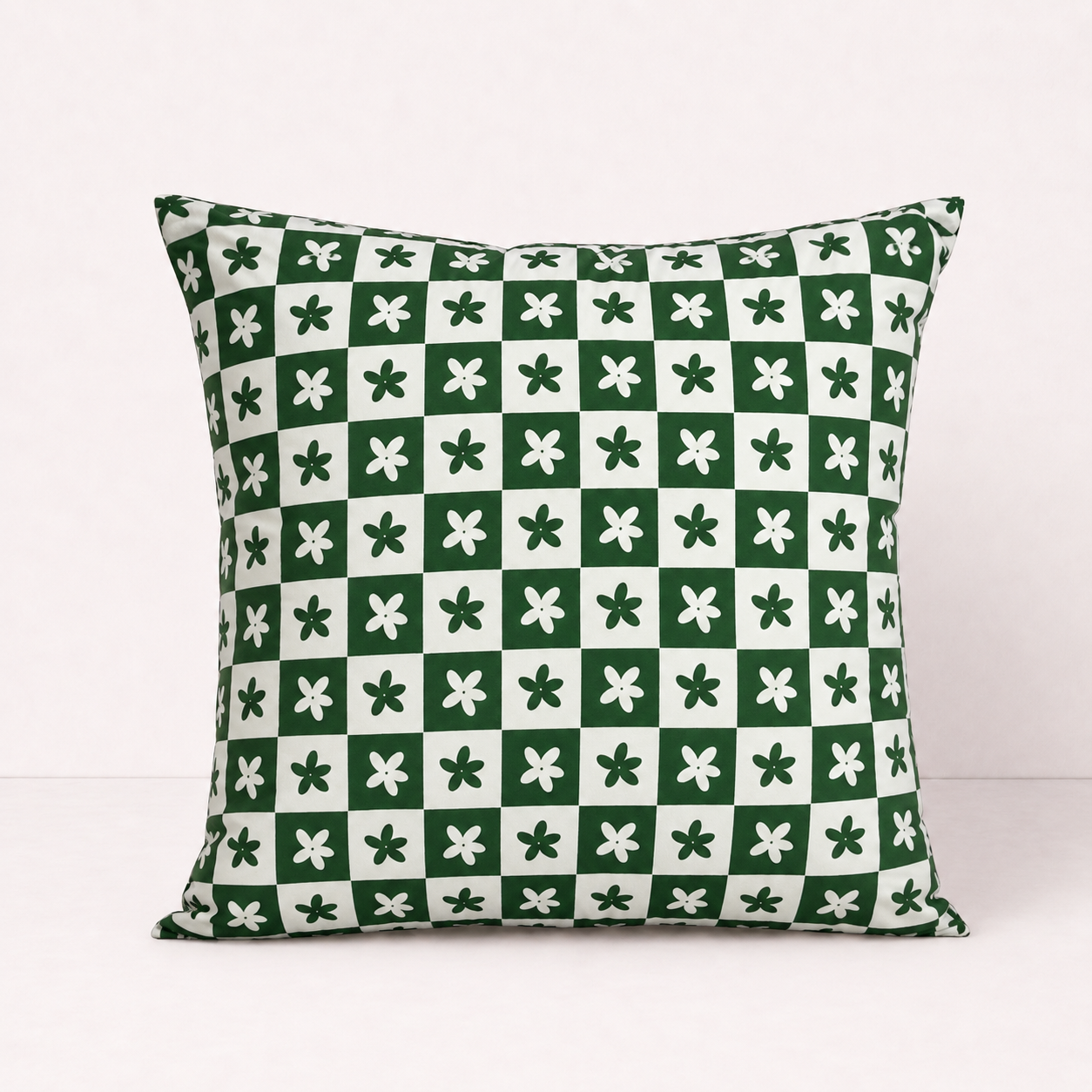 Checkered Lilac Greeb Throw Pillow Cover - Green Petals