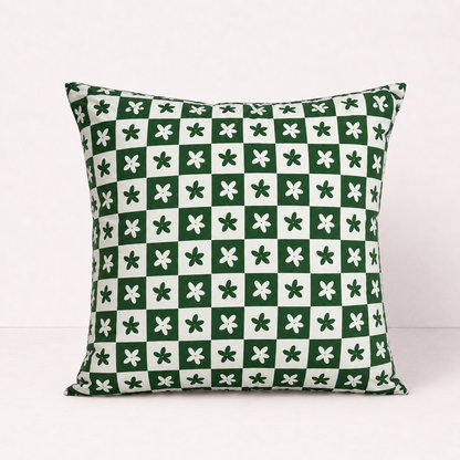 Checkered Lilac Greeb Throw Pillow Cover - Green Petals