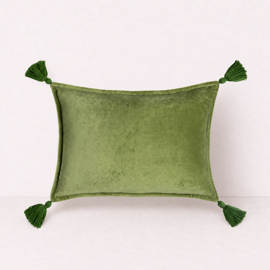 Velvet Tassel Lumbar Pillow Cover- Green