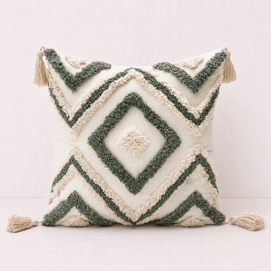 Boho Diamond Tufted Pillow Cover - Green