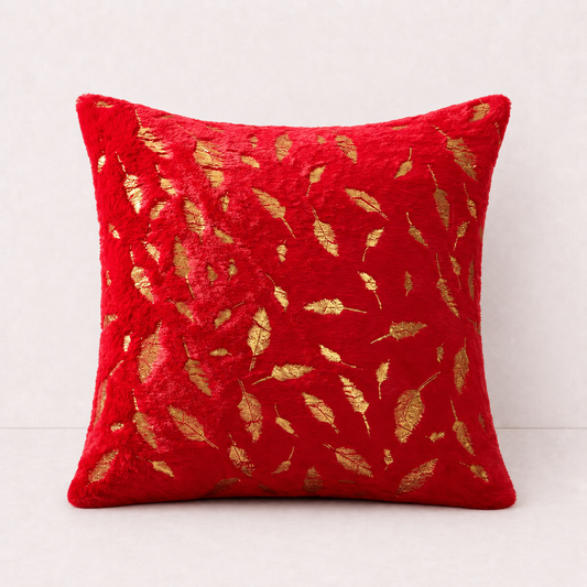 Plush Golden Fur Pillow Cover - Red