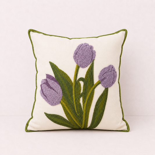 Embroidered Cotton Garden Pillow Cover - Purple Tulip