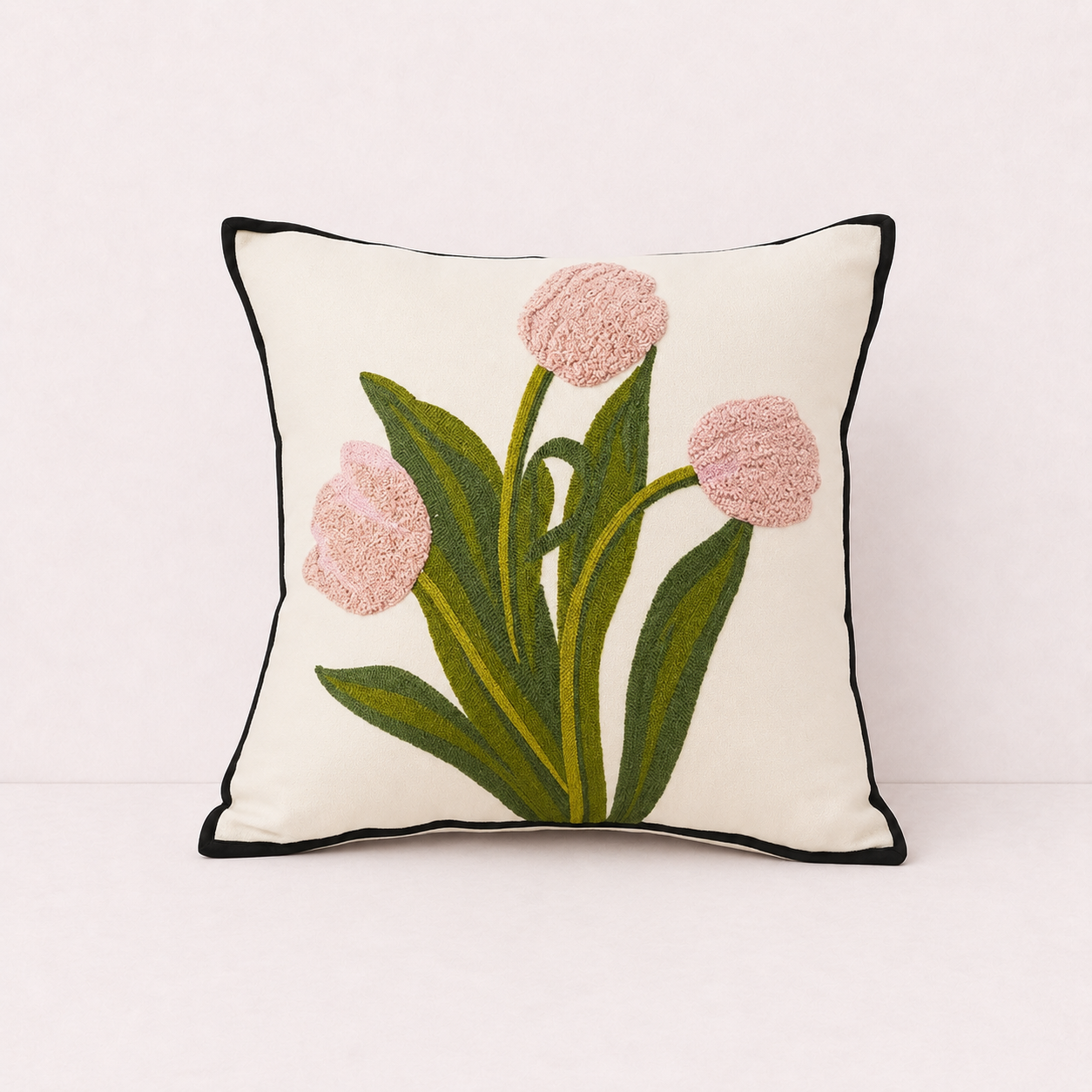 Embroidered Cotton Garden Pillow Cover - Light Pink Tulip