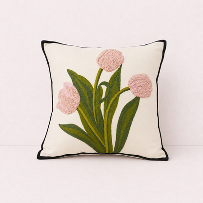 Embroidered Cotton Garden Pillow Cover - Light Pink Tulip